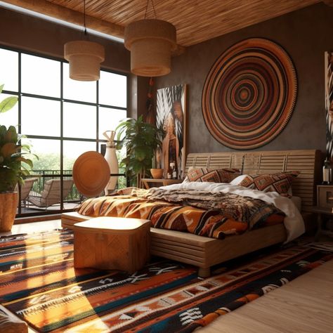 African House Interior Design, African Influence Interior Design, African Safari Bedroom, Africa Room Decor, Nomad Style Interior, African Style Bedroom Ideas, African Home Decor Ideas Living Room, Afrocentric Boho Decor, Africa Bedroom Ideas