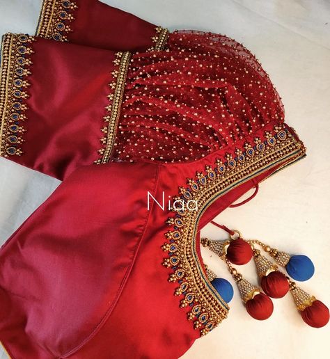 Red Puff Sleeve Blouse Saree, Blouse Hands And Neck Designs, Traditional Aari Work Blouse Designs, Red Fancy Blouse Designs, Puff Bridal Blouse Designs, Aari Work In Puff Sleeve, Puff Sleeve Bridal Blouse, Red Aari Blouse Design, Puff Hand Aari Work Blouse