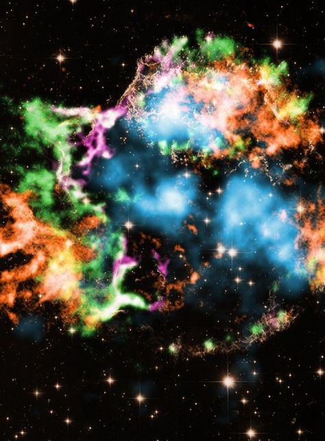 A supernova remnant located about 11,000 light years away. Astronomers using NASA's Chandra X-ray Observatory have announced the discovery of an important type of titanium, along with other elements, blasting out from the center of the supernova remnant Cassiopeia A (Cas A). X Ray