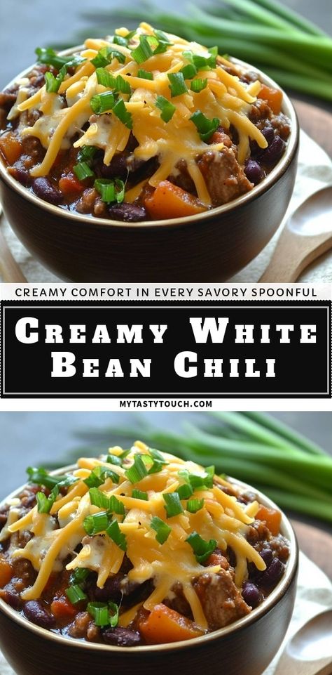 Indulge in a bowl of my creamy white bean chili that's bursting with savory flavors and velvety textures. Every spoonful offers comforting goodness, packed with hearty beans, tender meat, and topped with melting cheese and fresh green onions. Perfect for chilly evenings, this recipe is just what you need to warm your heart and soul! Chili Recipe White Bean, White Bean Chili Recipe, Navy Bean Soup, Melting Cheese, Leftover Chili, White Bean Chili, White Chili, Tender Meat, Bean Chili