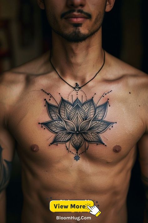 A detailed mandala tattoo with geometric precision, featuring intricate symmetrical patterns covering the chest. Symmetrical Chest Tattoo Men, Spiritual Chest Tattoos, March Tattoos, Tattoo For Men Ideas, Mandala Chest Tattoo, Mandala Shapes, Max Tattoo, Torso Tattoos, Geometric Tattoos