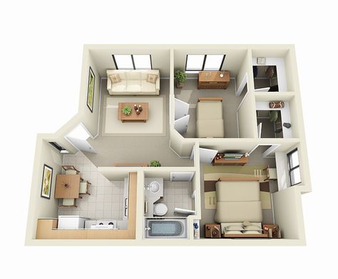 2 Bedroom Apartment Floor Plan, Small Apartment Floor Plans, Small Apartment Plans, Condo Floor Plans, Plan 2d, Two Bedroom Apartment, 3d Floor Plan, Small House Layout, 2 Bedroom House Plans