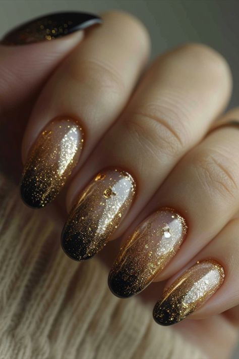 Black Ombre Nails Gold And Bronze Nails, Copper And Gold Nails, Cooper Nails Design, Rust Ombre Nails, Copper And Black Nails, Black And Bronze Nails, Black And Gold Ombre Nails, Bronze Nails Designs, Black And Gold Nail Art