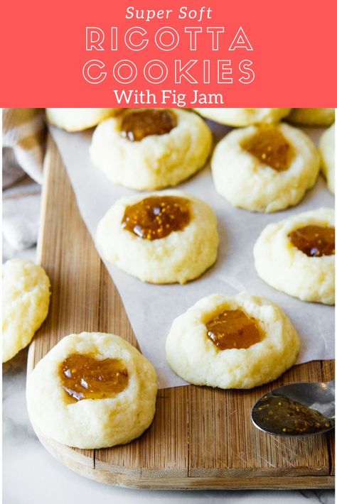 SOFT RICOTTA COOKIES WITH FIG JAM Fig Filled Cookies, Cookies With Fig Jam, Fig Jam Dessert, Fig Jam Dessert Recipes, Fig Jam Cookies, Recipes With Fig Jam, Cookies With Ricotta Cheese, Orange Cranberry Ricotta Cookies, Lekvar Recipe