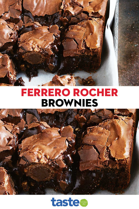 For a decadent dessert, try these gooey brownies made with Nutella and Ferrero Rocher chocolates. Ferrero Rocher Brownies, Diy Brownies, Perfect Brownies, Gooey Brownies, Ferrero Rocher Chocolates, Recipe Sweet, Nutella Recipes, Sweet Food, Ferrero Rocher