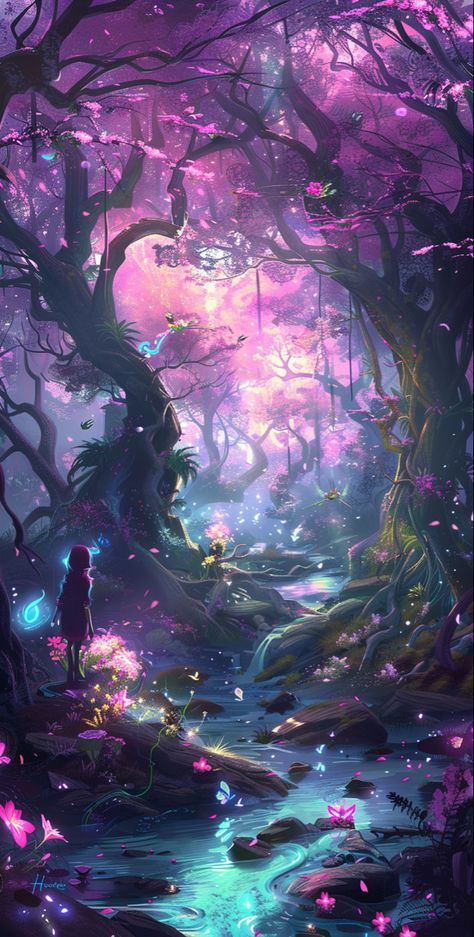 Transform your iPhone with a wallpaper that opens a gate to a fantasy world. In this cartoon-style magical forest, glowing flowers and sparkling streams create a realm where mystical creatures roam. A lone figure stands before an enchanted river, ancient oaks with pink blossoms framing the scene. The bright color palette of this concept art brings the magic to your screen, making every glance an escape to an enchanted world. #FantasyWorld #MagicalForestWallpaper #EnchantedRiver #iPhoneWallpaper Mountain Fairy Aesthetic, Gothic Summer Wallpaper, Butterfly Laptop Wallpaper, Waterfall At Night, Star Garden, Fantasy Scenery, Seni Korea, Gambar Lanskap, Dreamy Artwork