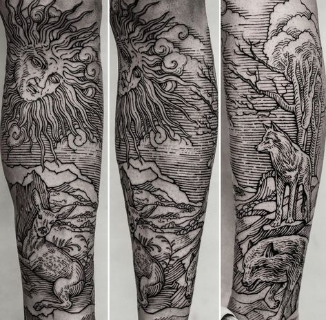 Element Tattoo, Revelation Tattoo, Gothic Tattoos, Etching Tattoo, Woodcut Tattoo, Medieval Tattoo, Engraving Tattoo, Full Sleeve Tattoo Design, Elements Tattoo