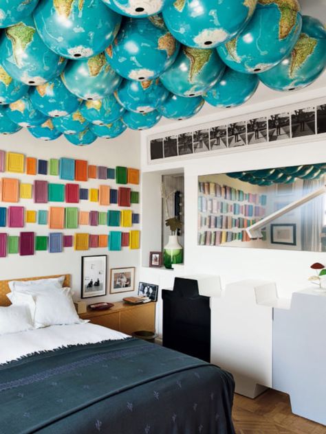 Fun globe idea for ceiling in kids room. Fun Ceiling Ideas, Ceiling Art Installation, Dark Ceiling, Open Ceiling, Ceiling Art, Future Room, Ceiling Installation, Art Installation, Ceiling Decor