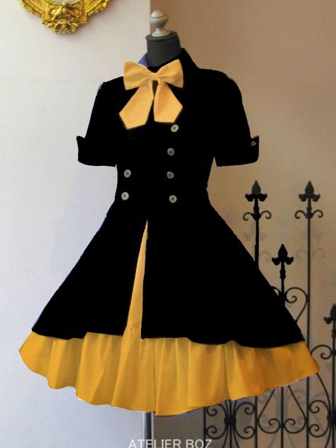 Yellow Goth Outfit, Sun Outfit Aesthetic, Cute Yellow Outfits, Black And Yellow Outfit, Black And Yellow Dress, Halloween Costumes 2022, Vestidos Anime, Clothing Design Sketches, Concept Clothing