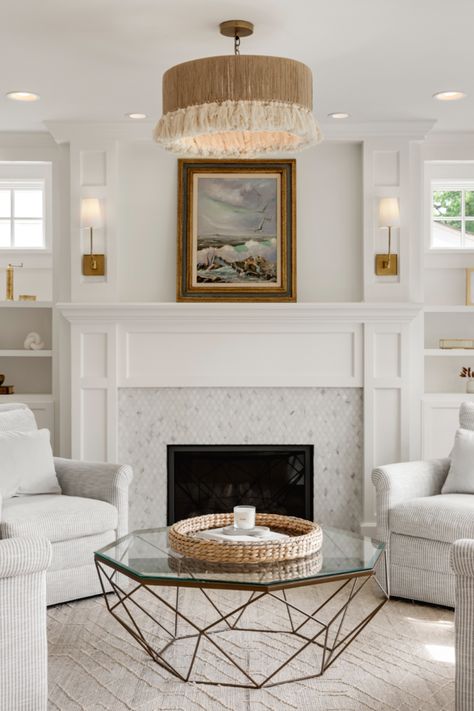 California Coastal Fireplace Ideas, Beach Home Fireplace, Living Room With Gas Fireplace Ideas, Serena And Lily Fireplace, Cozy Gas Fireplace, Modern Beach House Fireplace, Fireplace With Transom Windows, Beautiful Fireplaces Dream Homes, Contemporary Coastal Fireplace