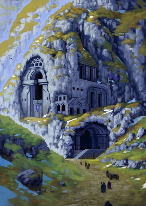 Stone City Concept Art, Mountain Castle Concept Art, City Built Into Mountain, Kingdom In The Mountains, Mountain City Fantasy Art, City In Mountain, Mountain Village Fantasy Art, Fantasy Mountain City, Dwarven Hall