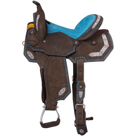 Sonora Barrel Saddle is the perfect deep seated saddle for barrel racing or heading down the trail. Dark roughout and bright turquoise suede seat. Accented with inlaid turquoise, coral, white and bronze beading, turquoise buckstitch edging and copper conchos. Easy to use “Tough 1® Quick Change” stirrup buckles, angled aluminum stirrups and complete back cinch with hoof pick pocket. Barrel Racing Saddle, Hoof Pick, Pony Saddle, Barrel Racing Saddles, Roping Saddles, Jumping Saddle, Barrel Saddle, Saddle Accessories, Western Tack