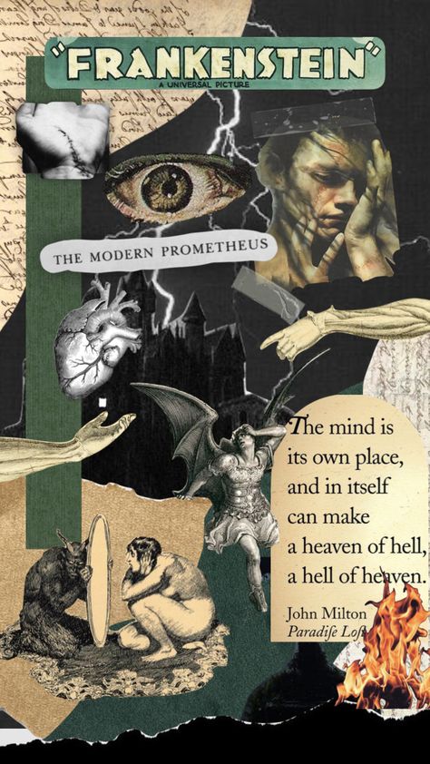 Horror Literature Aesthetic, Horror Movies Collage, Frankenstein Asthetic, Frankenstein Collage, Frankenstein Wallpaper, Frankenstein Aesthetic, Horror Collage, Monster Collage, Frankenstein Poster