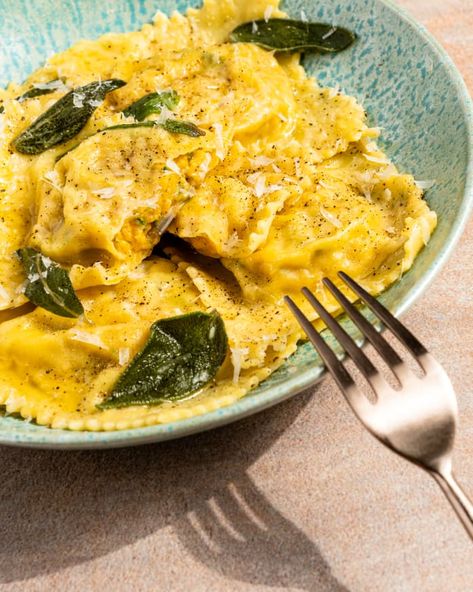 Butternut Squash Ravioli Recipe (Homemade Pasta Dough and Sage Butter Sauce) | Kitchn Squash Ravioli Sauce, Butternut Squash Ravioli Sauce, Ravioli Recipe Homemade, How To Make Ravioli, Ravioli Dough, Ravioli Sauce, Homemade Pasta Dough, Sage Butter Sauce, Squash Ravioli