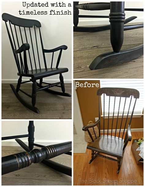 An Outdated Rocking Chair Gets a Timeless New Finish. Graphite and black wax (Annie Sloan Chalk Paint). How To Style A Rocking Chair, Antique Rocking Chair Makeover, Wood Rocking Chair Makeover, Refurbished Rocking Chair, Black Rocking Chair, Refurbished Rocking Chair Wood, Western Rocking Chair Makeover, Reupholstered Antique Rocking Chair, Wood Chair Makeover