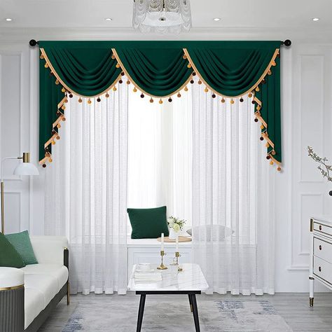 ELKCA Dark Green Double-Sided Velvet Waterfall Valance with Gold Colorful Pom Pom Tassel Green Curtains Valance for Living Room Bedroom Curtains,79Inch,1 Panel Valances For Living Room, Simple Window Treatments, Waterfall Valance, Classic Curtains, Swag Curtains, Luxury Living Room Decor, Luxury Curtains, Elegant Curtains, Green Curtains