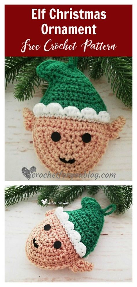 Elf Christmas Ornament Free Crochet Pattern  #freecrochetpattern #crochetpattern #crochetornaments #christmasornaments Crochet Elf, Crochet Christmas Ornaments Free, Crochet Stocking, Crocheted Christmas, Crochet Snowman, Crochet Santa, Crochet Xmas, Crochet Christmas Decorations, Elf Ornaments