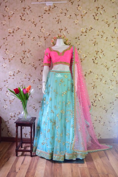 Hand work pink blouse with light blue lehenga by Sweta Acharya! Can be customized as per your choice and style.  For shipments and queries please do inbox us for viber us at 9851218200. Happy shopping 🛍  Team SA.  #lehengasetbySA #customized #handcraftedwithlove #happyshopping #designerpieces #latestdesign #frillshawl #swetaacharya #SA Pink And Blue Lehenga, Light Blue Lehenga, Sky Blue Lehenga, Heavy Lehenga, Light Blue Skirts, Combination Dresses, Pink Color Combination, Indian Pink, Churidar Designs