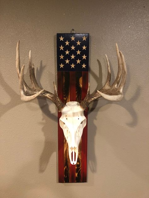 American flag style euro plaque. European Deer Mount Ideas, European Deer Mount, Deer Skull Wall Mount, Skull Mount Ideas, European Mount Ideas, Hunting Mounts, Lottery Dreams, Deer Mount Ideas, Hide Tanning