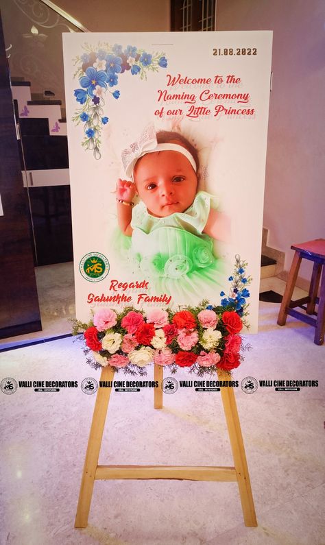 Cradle Ceremony Entrance Board, Cradle Ceremony Welcome Board, Namkaran Decoration Ideas, Rice Weaning Ceremony Decoration, Naming Ceremony Decorations Indian, Naamkaran Decoration Ideas, Naming Ceremony Board Ideas, Baby Naming Ceremony Decorations, Barasala Decoration