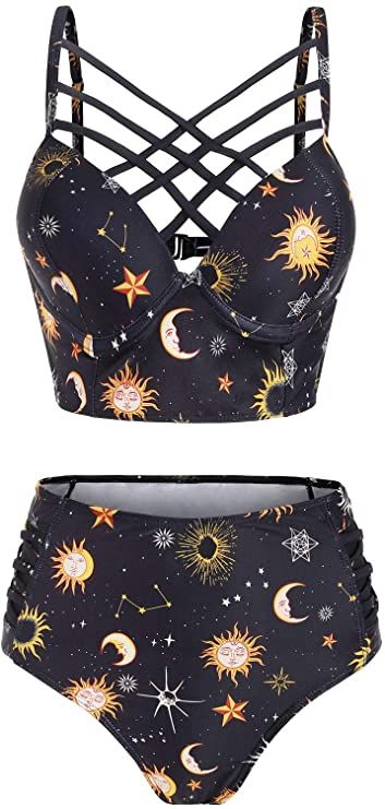 Amazon.com: JMSUN Summer Women's Sun Star Moon Lattice High Waisted Tankini Swimsuit : Clothing, Shoes & Jewelry Star Swimsuit, Swimwear Ideas, Tankini With Shorts, Underwire Swimsuit, High Waisted Tankini, Summer Bathing Suits, Underwire Tankini, Birthday Fashion, Tankini Swimsuits For Women