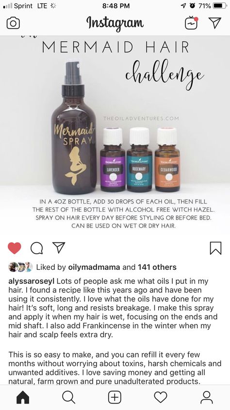 Mermaid hair spray Mermaid Hair Essential Oils, Young Living Hair, Mermaid Hair Spray, Hair Essential Oils, Essential Oils Young Living, Essential Oil Diffuser Blends Recipes, Young Living Essential Oils Recipes, Yl Oils, Essential Oils Guide