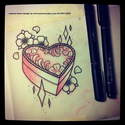 Heart shaped box - a lot of the tattoo ideas I have are mostly from songs that I love. Heart Shaped Box Tattoo Nirvana, Heart Cake Tattoo, Tattoo Heart Ideas, Heart Shaped Box Tattoo, Valentine Tattoo Ideas, Music Tats, Drum Tattoo, Box Tattoo, Shape Ideas