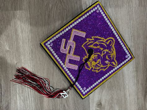 Lsu Grad Cap, Bedazzled Graduation Cap, Lsu Graduation, Grad Cap Ideas, Future Vision, Senior Photo Outfits, Graduation Picture, Cap Decoration, Geaux Tigers