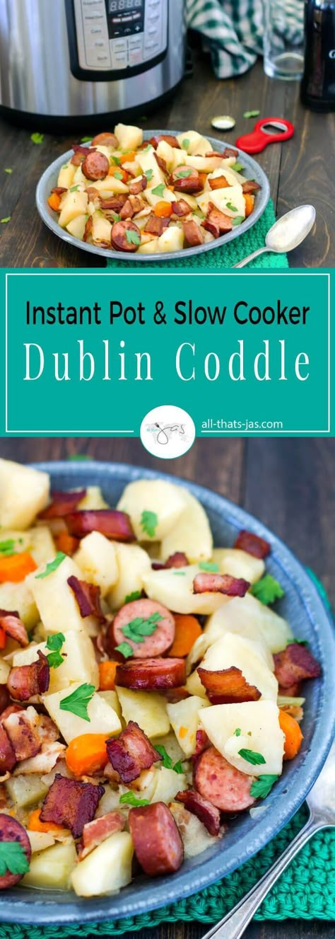 Authentic Irish dish, this Dublin coddle is hearty, flavorful, and easy to make with basic pantry ingredients - potatoes, onions. bacon, smoked sausage, and carrots. | allthatsjas.com | #Irish #coddle #StPatricksDay #recipe #slowcooker #instantpot #easy #dinner #maindish #authentic #pork #glutenfree Party Food Crockpot, Irish Coddle, Dublin Coddle Recipe, Coddle Recipe, Dublin Coddle, Food Crockpot, Irish Desserts, Sausage Stew, Irish Recipes Traditional