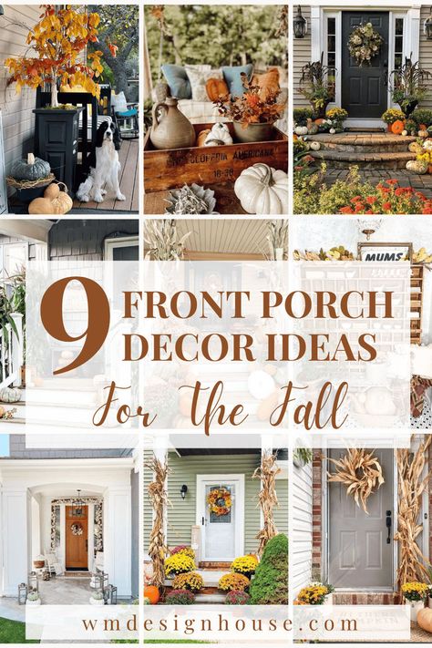 Explore 9 cozy and creative front porch décor ideas perfect for Fall! From DIY harvest-themed decorations and comfortable seating to unique vintage finds, find inspiring ways to welcome the autumn season in style. #FallDecor Ideas at wmdesignhouse.com Fall Crate Decor Front Porches, Decorating With Pumpkins Outdoor, Pumpkins On Front Porch, Autumn Front Porch Decor, Cozy Front Porch, Fall Candles Diy, Fall Candle Decor, Porch Fall Decor, Mums In Pumpkins