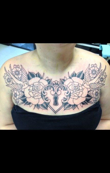 300+ Beautiful Chest Tattoos For Women (2021) Girly Designs & Piece Traditional Chest Tattoo, Rose Chest Tattoo, Locked Heart, Full Chest Tattoos, Traditional Chest, Chest Tattoo Female, Neo Tattoo, Tattoo Female, Chest Design