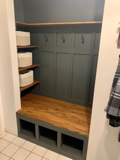 Entry Way Hall Closet Organization, Exposed Coat Closet, Kallax In Entryway, Coat Closet Cubbies, Entry Way Coat Closet Ideas, Hallway Closet Drop Zone, Front Door Closet Makeover, Front Entry Way Closet Ideas, Coat Closet To Entry Nook