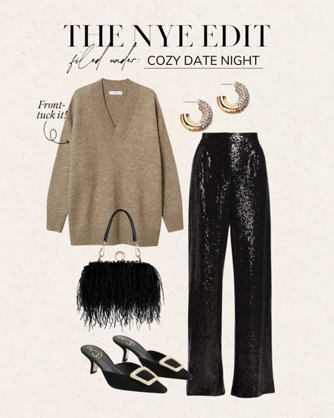 Cozy New Years Eve Outfit, Nye Party Outfit, Nye Look, Feather Clutch, Cozy Date Night, Christmas Eve Outfit, New Years Eve Looks, Casual Holiday Party, Casual Holiday Outfits