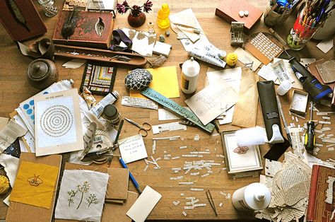 love messy studio desks Messy Desk Aesthetic, Messy Workspace, Poster Moodboard, Messy Table, Artist Chair, Sewing Desk, Flag Game, Inktober 2024, Messy Crafts