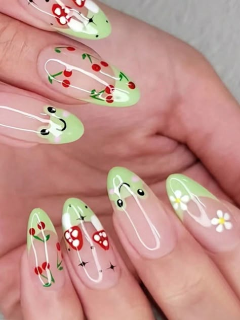 Multicolor  Collar   Colorblock Color Nails Embellished   Nail,Hand & Foot Care Summer Nails 2024 For Kids, Frog And Strawberry Nails, Cute Animal Nail Designs, Short Almond Nails Designs Summer, Graphic Design Nails, Colorful Nails For Summer, Summer Oval Nails, Cute Nails Summer, Graphic Nails