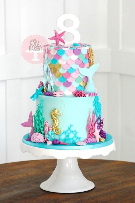 Mermaid Cake Two Tier, 2 Tier Mermaid Cake, Gökkuşaği Pasta, Golden Birthday Cakes, Kids Birthday Party Cake, Tiered Cake Design, 8th Birthday Cake, Minnie Mouse Birthday Cakes, Mermaid Birthday Party Decorations