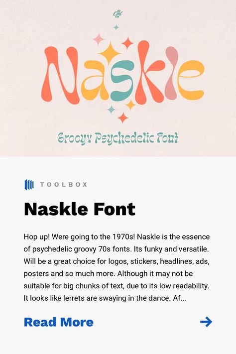 Hop up! Were going to the 1970s! Naskle is the essence of psychedelic groovy 70s fonts. Its funky and versatile. Will be a great choice for logos, stickers, headlines, ads, posters and so much more. Although it may not be suitable for big chunks of text, due to its low readability. It looks like lerrets are swaying in the dance. After reading ten words in this style youll get dizzy. Free Groovy Fonts, Bold Script Font, Funky Fonts, Retro Logo Design, Groovy Font, Groovy 70s, Text Overlay, Lettering Styles, Uppercase And Lowercase Letters