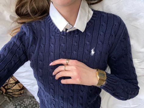 Navy Polo Sweater Outfit, Ralph Lauren Blue Sweater Outfit, Rl Sweater Outfit, Navy Blue Cardigan Outfit Aesthetic, Navy Ralph Lauren Sweater Outfit, Navy Polo Shirt Outfit Woman, Navy Outfit Aesthetic, Ralph Lauren Cardigan Outfit, Navy Blue Outfits For Women Classy