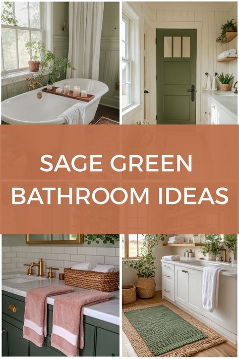 Collage of elegant sage green bathroom designs with tubs, plants, and rustic accents. Sage Green Panelled Bathroom, Green Bathroom Palette, Pale Green Bathroom, Green And Tan Bathroom, Sage Green Bathroom Ideas, Vintage Green Bathroom, Sage Green Bathroom, Light Green Bathrooms, Blue Green Bathrooms