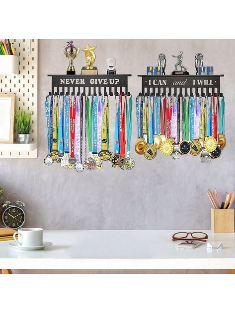 1pc Multi-Functional Metal Trophy And Medal Display Rack With Ribbon Stand, Great For Marathon, Gymnastics, Soccer, Baseball Award Ceremonies, Easy To Install Black    Iron     Storage & Organization, size features are:Bust: ,Length: ,Sleeve Length: Softball Awards, Metal Trophy, Letter Pattern Design, Ribbon Holders, Trophies And Medals, Iron Storage, Eyelash Extension Kits, Medal Display, Display Rack