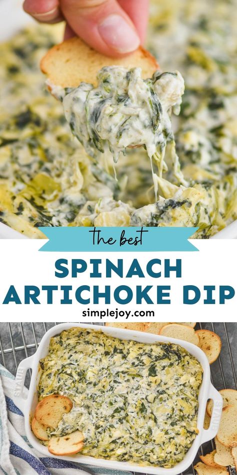 Spinach and Artichoke Dip is the perfect appetizer. Made with simple ingredients, this great snack comes together quickly and is always a hit! Spinach Artichoke Dip Easy, Party Ideas Food, Spinach Artichoke Dip Recipe, Spinach Dip Recipe, Artichoke Dip Recipe, Artichoke Recipes, Dip Recipes Easy, Spinach Artichoke Dip, Artichoke Dip