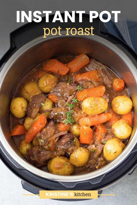 Comforting and hearty Instant Pot Pot Roast with fall apart tender beef, potatoes, carrots and a flavorful gravy. This easy pot roast recipe is the perfect meal for Sunday dinner. Pot Roast With Carrots, Roast Instapot, Pressure Cooker Roast, Instant Pot Roast, Pressure Cooker Pot Roast, Roast Dinner Recipes, Instapot Meals, Instant Pot Pot Roast, Comforting Dinner