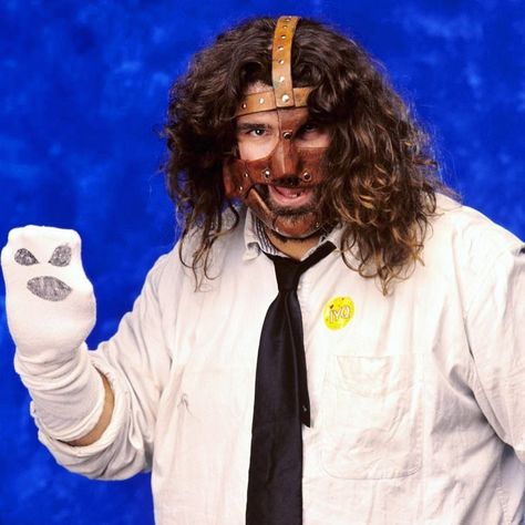 Mankind with Mr. Socko Mankind Wwe, Wrestling Pics, Wwe Mask, Hidden Faces, Mick Foley, Wwe Legends, Vince Mcmahon, Wrestling Wwe, Knife Design