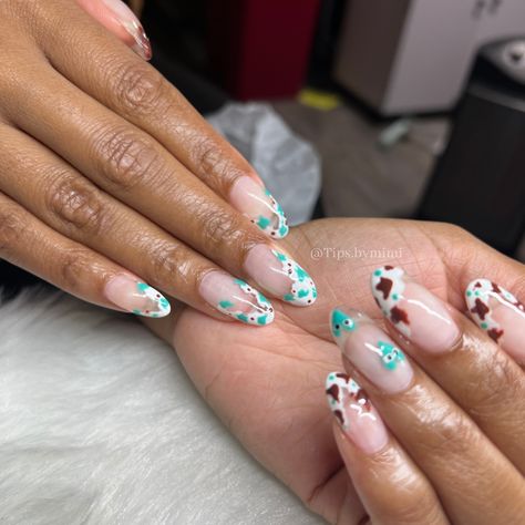 Cow print nails, blue nails, brown nails, cdg, cdg nails, almond nails, short nails, gel nails, hard gel nails, summer nails, spring nails Cow Print Nails Blue, Blue Cow Nails, Cdg Nails, Short Nails Gel, Nails Hard Gel, Almond Nails Short, Gel Nails Summer, Cow Print Nails, Nail Pics