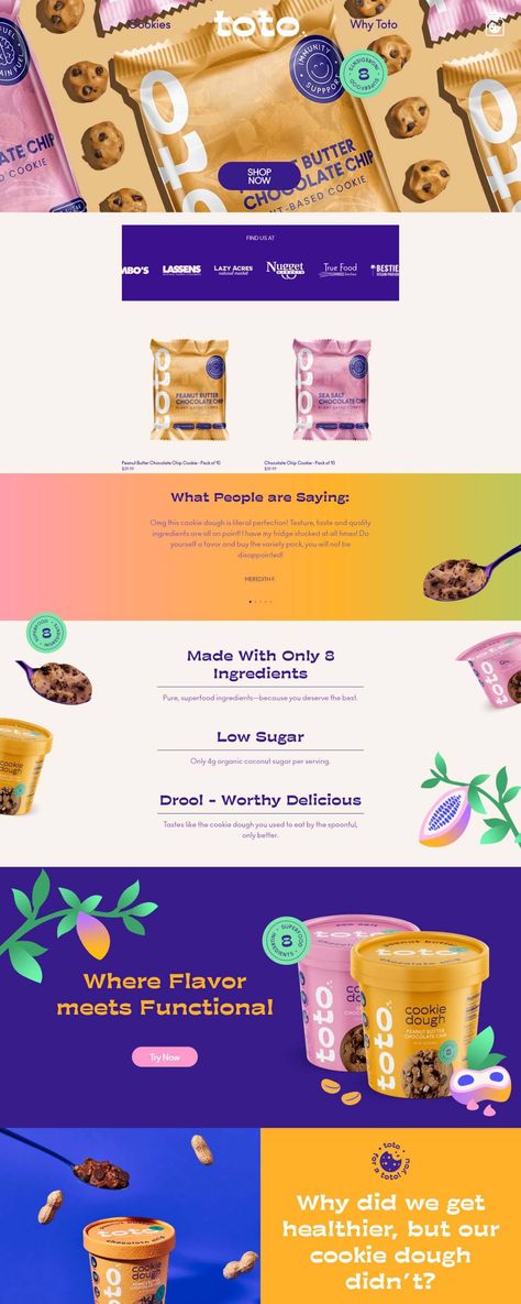 Toto Foods | eCommerce Website Design Gallery & Tech Inspiration Packaged Cookies, Subscription Box Design, Food Subscription Box, Healthy Cookie Dough, Sea Salt Chocolate, Healthy Cookie, Tech Inspiration, Peanut Butter Chocolate Chip Cookies, True Food