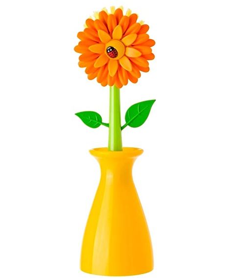 VIGAR Flower Power Dish Brush Made Of Plastic Vase 7200 Orange 5 X 5 X 15 cm Dish Brush Holder, Plastic Vase, Dish Brush, Storage Caddy, Cute Kitchen, Cleaning Dishes, Kitchen Dishes, Unusual Design, Brush Holder