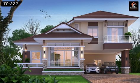 Thai-style Three-bedroom 1.5-storey House Design - Cool House Concepts 1.5 Storey House Plans, 1.5 Storey House Design, Two Storey House Design, Thai House Design, Bungalow Designs, 3 Storey House Design, Chic House, Small Apartment Building, Cool House