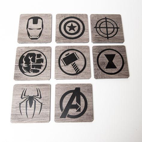 Avengers Coaster Set - made from vinyl flooring using a CNC router and then painted by hand. Marvel Coasters, Tray Painting, Used Woodworking Machinery, Cnc Ideas, Football Logos, Woodworking Chair, Spring Fair, Woodworking Toys, Cnc Milling