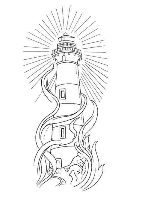 Lighthouse Drawing Tattoo, Lighthouse Tattoo Stencil, Lighthouse Stencil, Gg Tattoo, Lighthouse Tattoo Design, Tato Realis, Traditional Lighthouse Tattoo, Nautical Compass Tattoo, Lighthouse Drawing