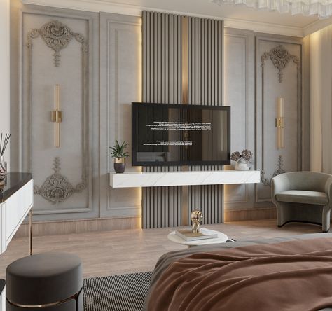 Master Bedroom on Behance Classic Tv Wall, New York Living Room, Bedroom Tv Unit Design, Classical Bedroom, New York Living, Bedroom Tv Wall, Lobby Interior Design, Classical Interior, Bedroom Tv